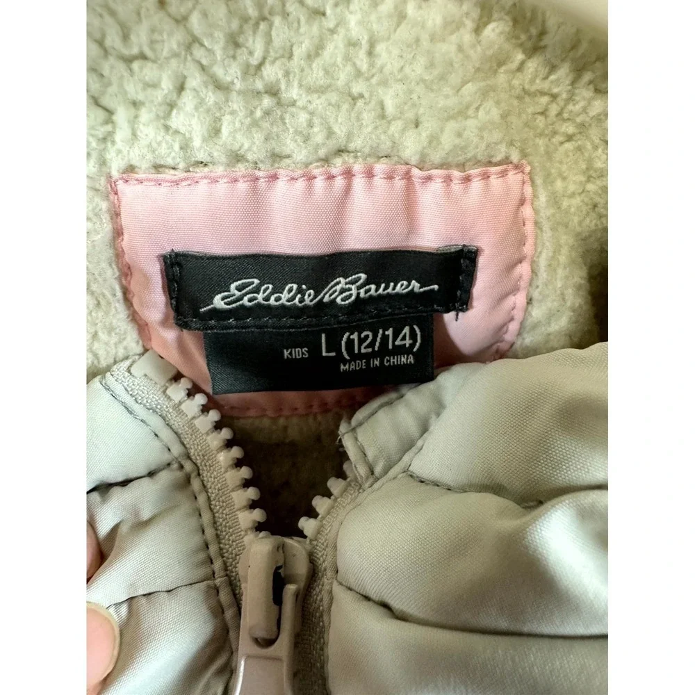Eddie Bauer Puffer Jacket‎ Girls L(12-14) Pink Colorblock Sherpa Hooded Full Zip